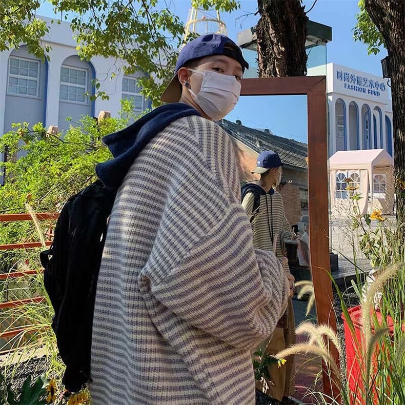 韩系风格穿搭连帽黑白条纹毛卫衣男慵懒针织衫外套MZ826-P49,男装针织衫/毛衣,星座412-3