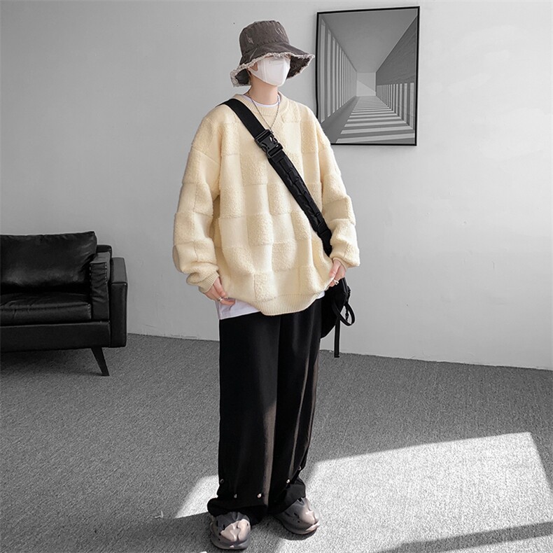 8XL-M特大码美式街头设计感毛巾绣格子毛衣男女情侣MY1204P50控68，男装针织衫/毛衣，电商D206-1