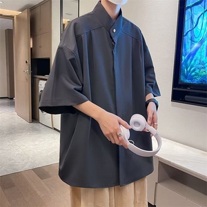 夏季新款冰丝垂感中式短袖压褶纯色衬衫网红男士立体裁剪中袖衬衣