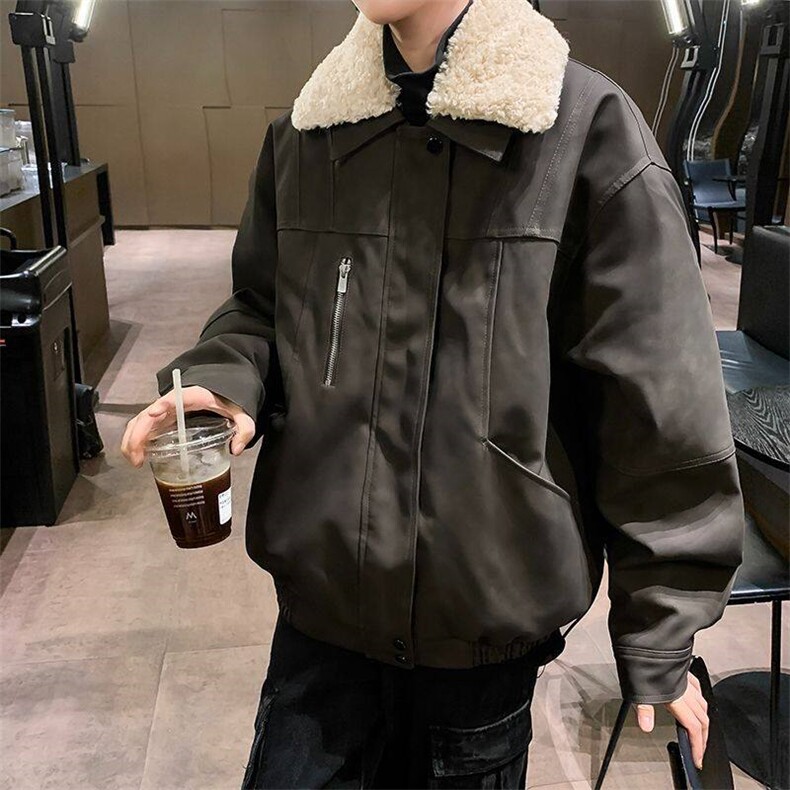 冬季复古毛领夹棉外套男加厚保暖美拉德皮衣机车服棉衣 JY162图片