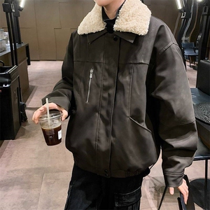 冬季复古毛领夹棉外套男加厚保暖美拉德皮衣机车服棉衣 JY162图片