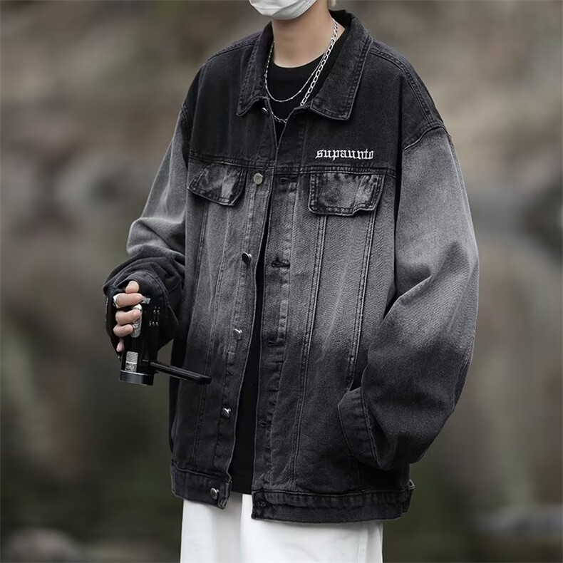 美式复古渐变牛仔外套男春秋季高街潮牌夹克宽松衣服W6613-P64，男装工装外套，星座412-3