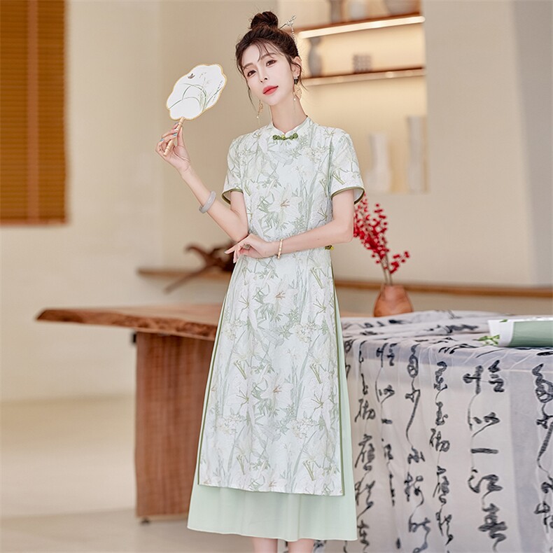 日常印花长裙女夏季新款送考连衣裙气质修身中式改良版奥黛旗袍裙,女装连衣裙,利佳可人