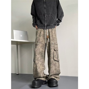 美式复古废土风迷彩牛仔裤新款高潮牌宽松直筒百搭休闲工装裤图片