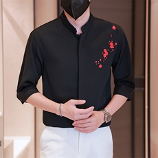 小伙立领纯色衬衫男休闲宽松风刺绣衬衣轻熟风A236-82571-P55，男装衬衫，电商A236