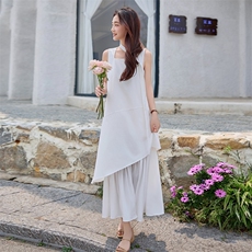 方领不规则假两件连衣裙女中长款2025春季超仙棉麻无袖背心长裙，女装连衣裙，难舍钰依