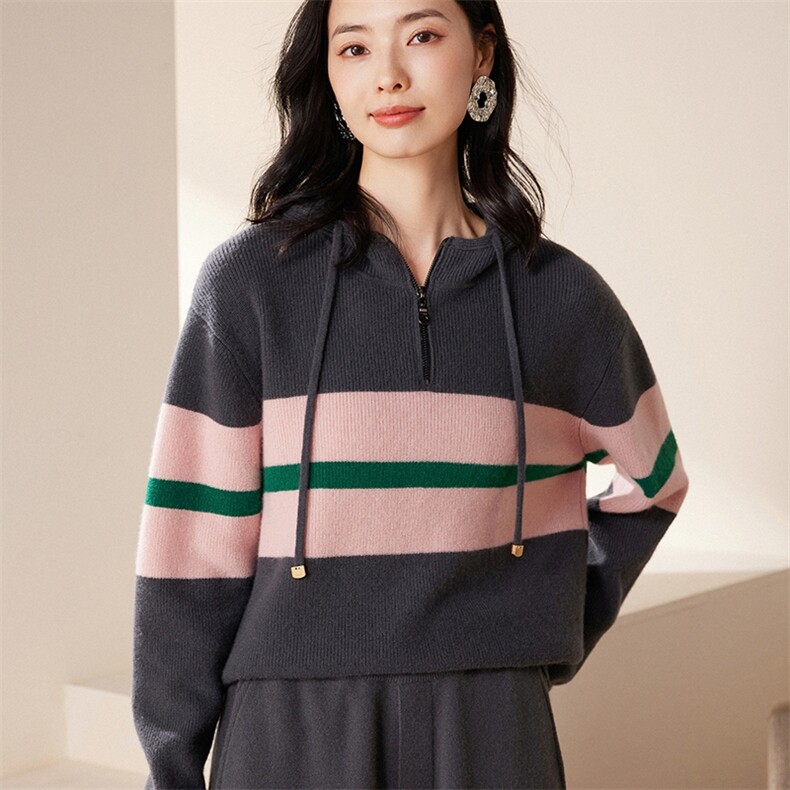 2025春秋新款羊绒衫女100纯山羊绒连帽休闲条纹撞色套头针织衫,女装羊绒衫,绒歆坊