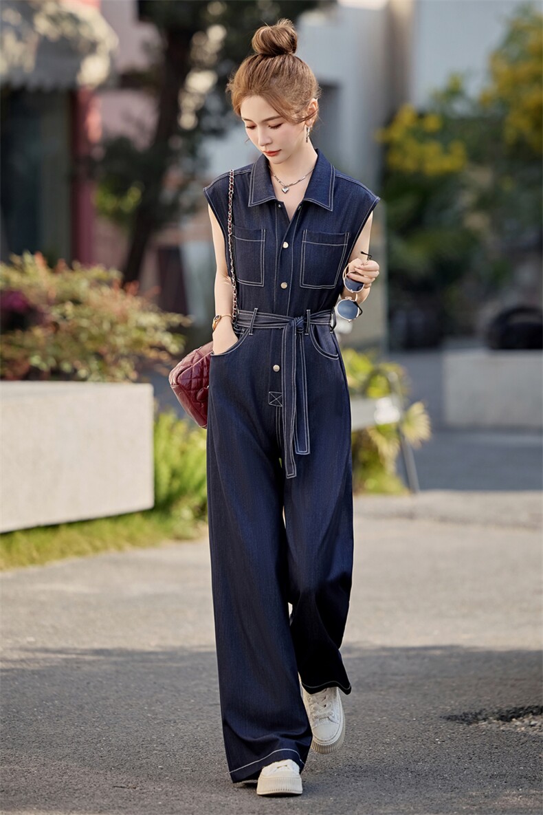 （新款现货）2026夏时尚洋气减龄天丝牛仔连体裤阔腿裤（配腰带）,女装连体裤,印象茜