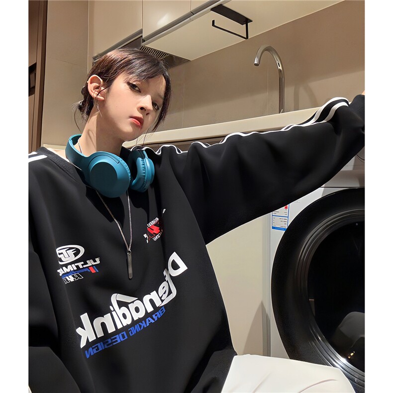 主推中性风秋装学院风运动织带印花情侣卫衣圆领外套男女D326P48,女装短外套,电商A335-1（原A458）