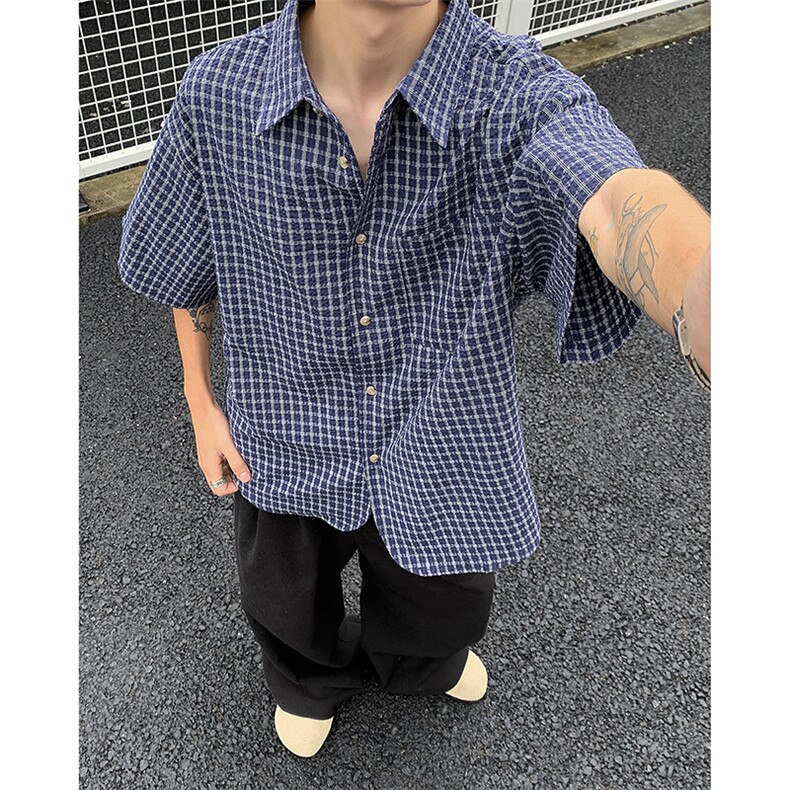 蓝色格纹抽绳短袖衬衫miu系夏季百搭图片