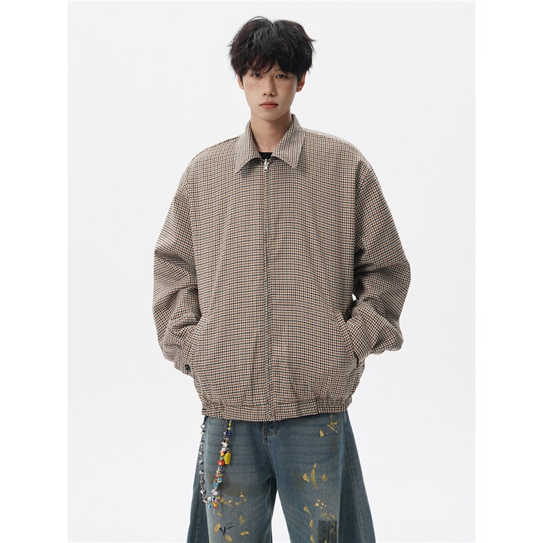 复古千鸟格哈灵顿双面穿拉链飞行夹克男短款两穿外套男JK1326P98,男装夹克,电商D206-1