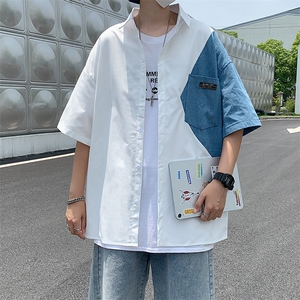 牛仔拼接短袖衬衫男潮牌宽松中性风半袖衬衣新款休闲 W911-P35图片
