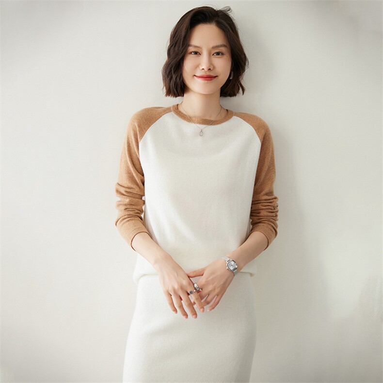 时尚拼色插肩圆领女士羊绒衫舒适保暖显瘦设计,女装羊绒衫,迎冬羊绒