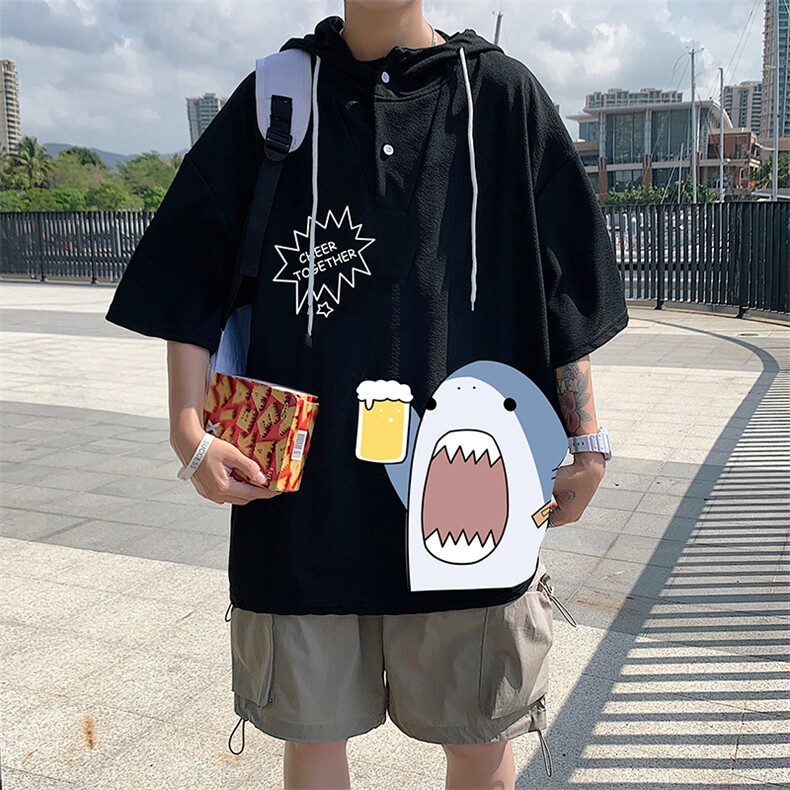 LD54137-P45连帽短袖t恤男大码胖子带帽五分袖中袖,男装T恤,电商A040