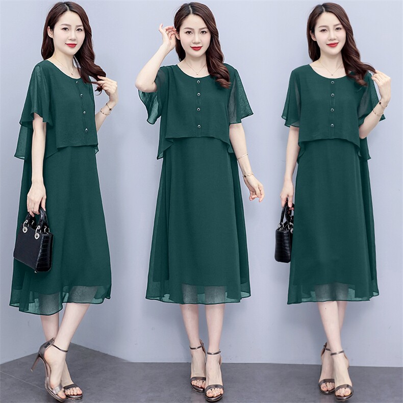 （现货）大码雪纺连衣裙200斤夏季2025年新款假两件气质胖MM裙子，女装连衣裙，深妍伊美