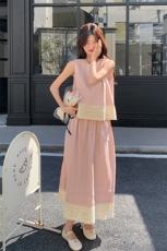2025夏季女新款粉色初恋风法式温柔气质蕾丝拼接背心半身裙两件套，女装套装/套裙，韩蜜菓