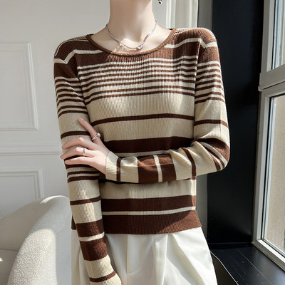 时尚百搭女士秋冬仿羊毛宽窄彩条圆领针织衫，女装针织衫/毛衣，洁纯羊绒