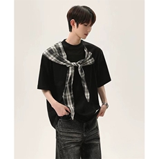 拼接格子布装饰高品质260克双纱纯棉美式高街短袖T恤特P35，男装T恤，电商A486