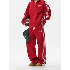 8XL-M条纹撞色开衫新年红卫衣运动套装潮牌运动服校园风TZ114P118，男装休闲套装，电商D206-1