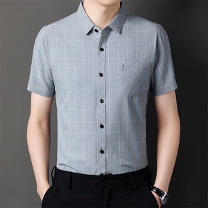 短袖格子衬衫男翻领薄款上衣服夏季中年男士休闲半袖百搭爸爸衬衣图片