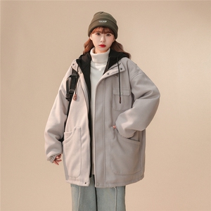 EQ158 冬季新款港风休闲美式毛呢假两件连帽棉服棉衣情侣外套P145图片