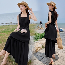 方领不规则假两件连衣裙女中长款2025春季超仙棉麻无袖背心长裙，女装连衣裙，难舍钰依