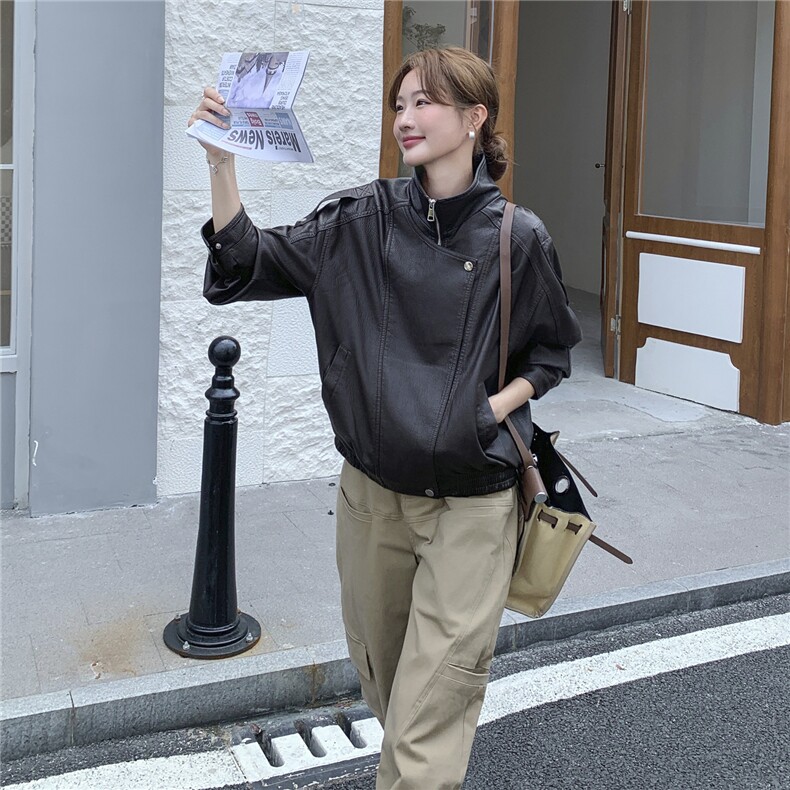 短款夹克新潮棕色长袖2025秋上衣机车服Pu皮外套女高级感显瘦外套,女装短外套,意芙