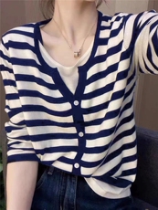 春季新款时尚显瘦百搭假两件条纹长袖开衫，女装针织衫/毛衣，雪真羊绒