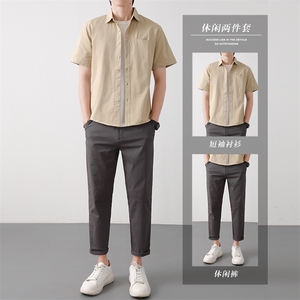 夏季九分西裤男长裤修身韩版港风休闲裤短袖衬衫纯棉套装两件套潮图片