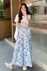 多巴胺印花蓝色清新背带连体裤套装女2025夏慵懒风垂感吊带阔腿裤，女装套装/套裙，2C317A
