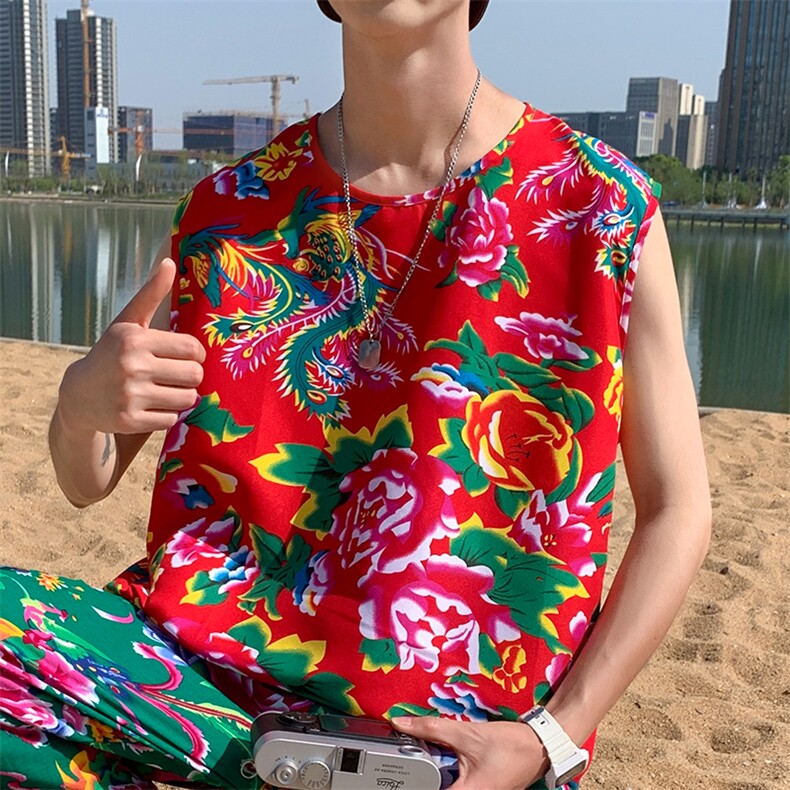 夏季大码东北大花布男背心坎肩运动马甲男装风民族牡丹花MJ01，男装背心/马甲，星座115A(原星座507）