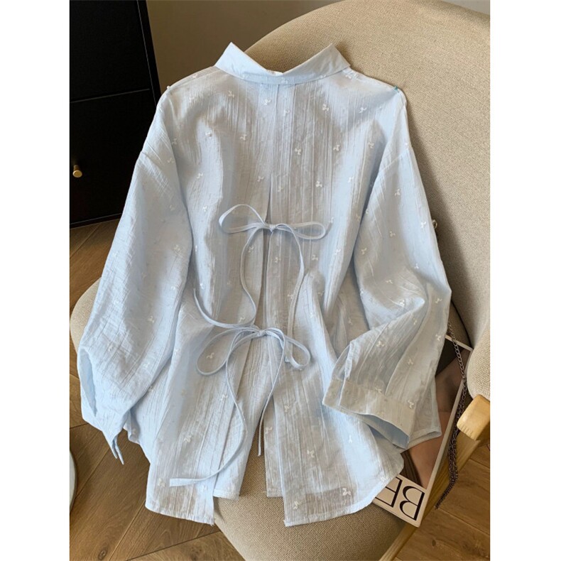 TC551-P45后背镂空超好看开叉衬衣长袖薄款夏季慵懒风系带衬衫，女装衬衫，星座617A-2