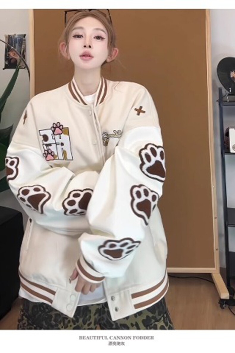 美式复古猫爪刺绣撞色棒球服慵懒风宽松百搭外套,女装短外套,星座218-8
