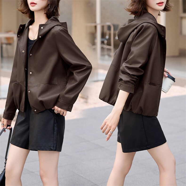 仿真皮皮衣女2024新款秋带帽休闲小个子海宁仿绵羊皮夹克外套短款,女装皮衣,美拉德工厂直营店