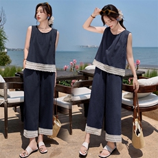 轻熟风蕾丝拼接马甲套装女夏季新款薄款时尚轻奢气质阔腿裤两件套，女装套装/套裙，臻衣坊