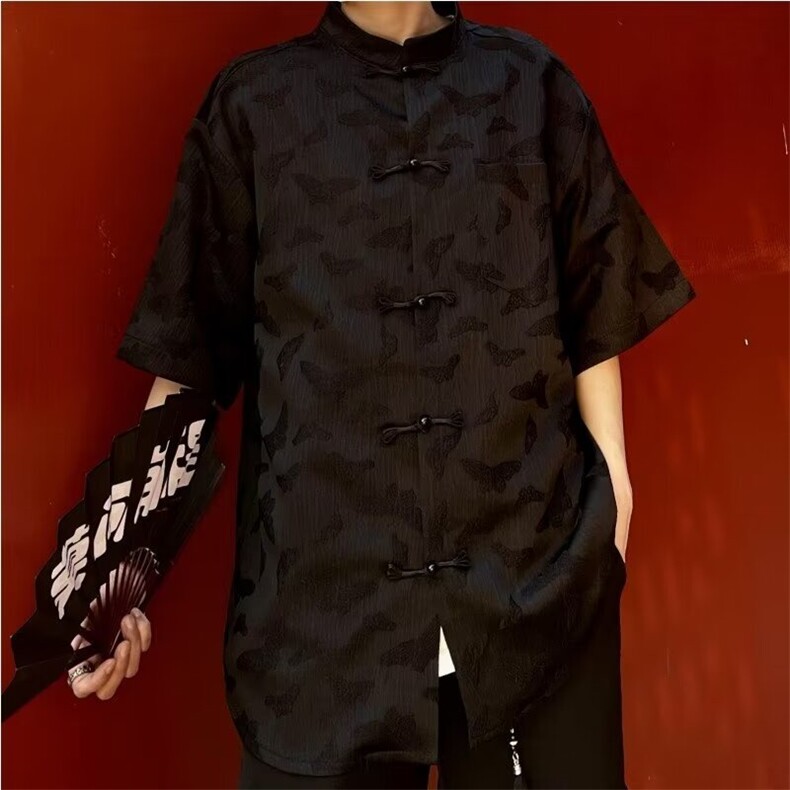 风提花盘扣衬衫男女短袖夏季衬衣宽松薄款唐装外套CT222-p40图片