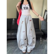 美式覆古趣味印花灰色弯刀裤女2025秋季新款街头辣妹廓形休闲裤子，男装休闲裤，星座1210-1