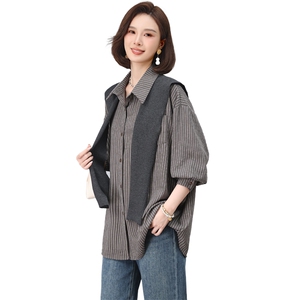 带披肩纯棉条纹小衫女夏季韩版休闲宽松年轻款妈妈薄款衬衫上衣潮图片
