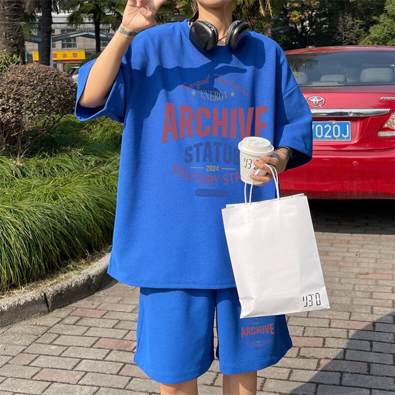 ！2025夏季新款男士华夫格短袖短裤套装透气一套HTZ80P50,男装T恤,电商B220