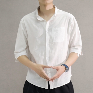 夏季立领洗水皱透气吸汗男七分袖宽松大码潮男装衬衣C1020-P24图片