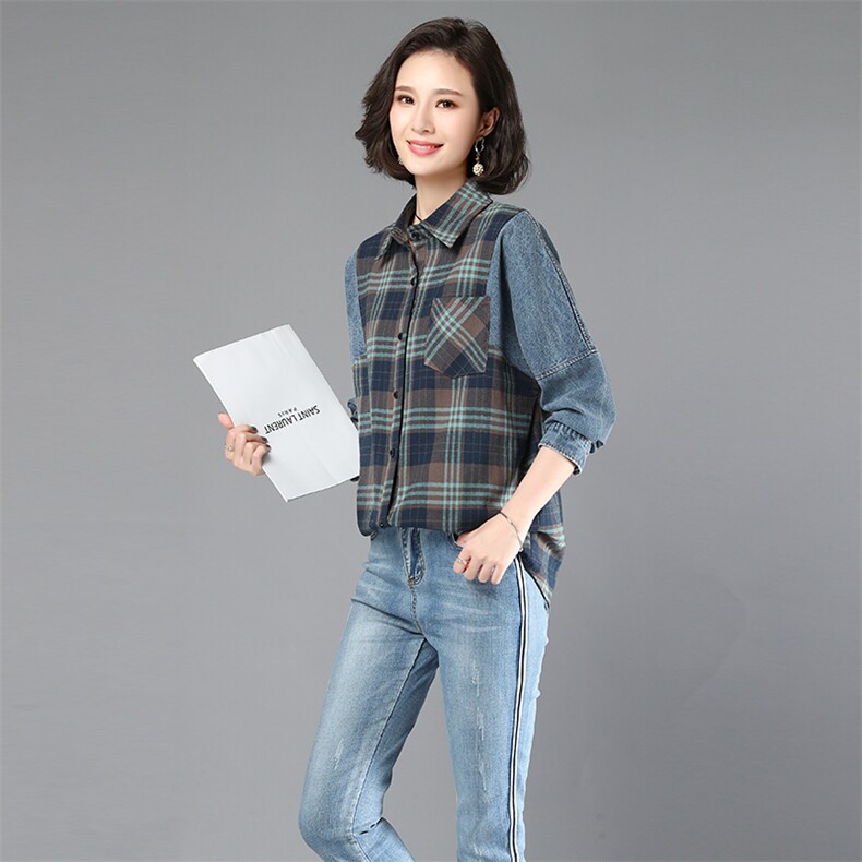 休闲牛仔拼接衬衫优雅时尚气质2021年春季,女装衬衫,独衣靓