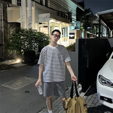 DA169-P40条纹t恤短袖男夏季日系复古宽松五分袖体恤-网图现货，男装T恤，星座603-2