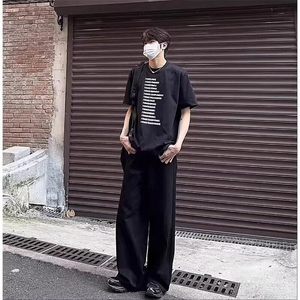 全棉常规纯色日常宽松型青少年落肩袖圆领ins潮牌印花短袖T恤图片