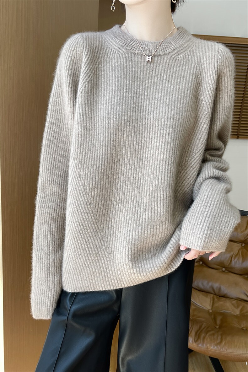 秋冬新款羊毛衫女宽松慵懒风圆领加厚灰色毛衣针织打底衫内搭洋气,女装羊毛衫,鸿陌羊绒