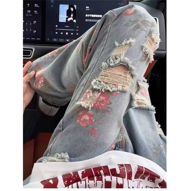 高街花卉破洞牛仔裤男女夏季痞帅满印裤子男牛仔裤网图NK4126-p50,男装牛仔裤,星座302B