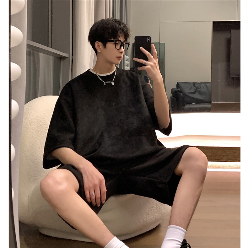 1港风模麂皮绒大码M-5XL短TDT8766P23DK8767P32套装TZ8757P55，男装休闲套装，星座226-2