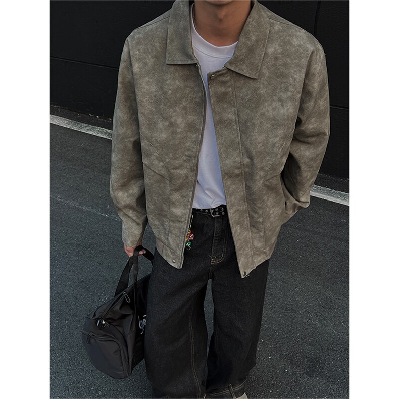 春秋外景炸街痞帅青年皮衣翻领外套男潮宽松情侣机车夹克J01/P100,男装夹克,电商B209