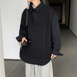 703-C215  秋季针织拼接假两件衬衫简约休闲长袖图片