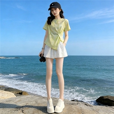 欧韩时尚潮流套装女夏新款圆领印花侧开叉短袖上衣蕾丝短裤两件套，女装套装/套裙，江南