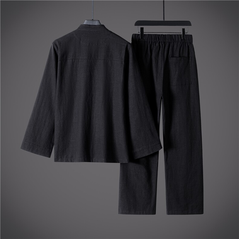 风棉麻苎麻盘扣大码男士秋季纯色长袖套装DSA008-TZ2523,男装休闲套装,电商A008
